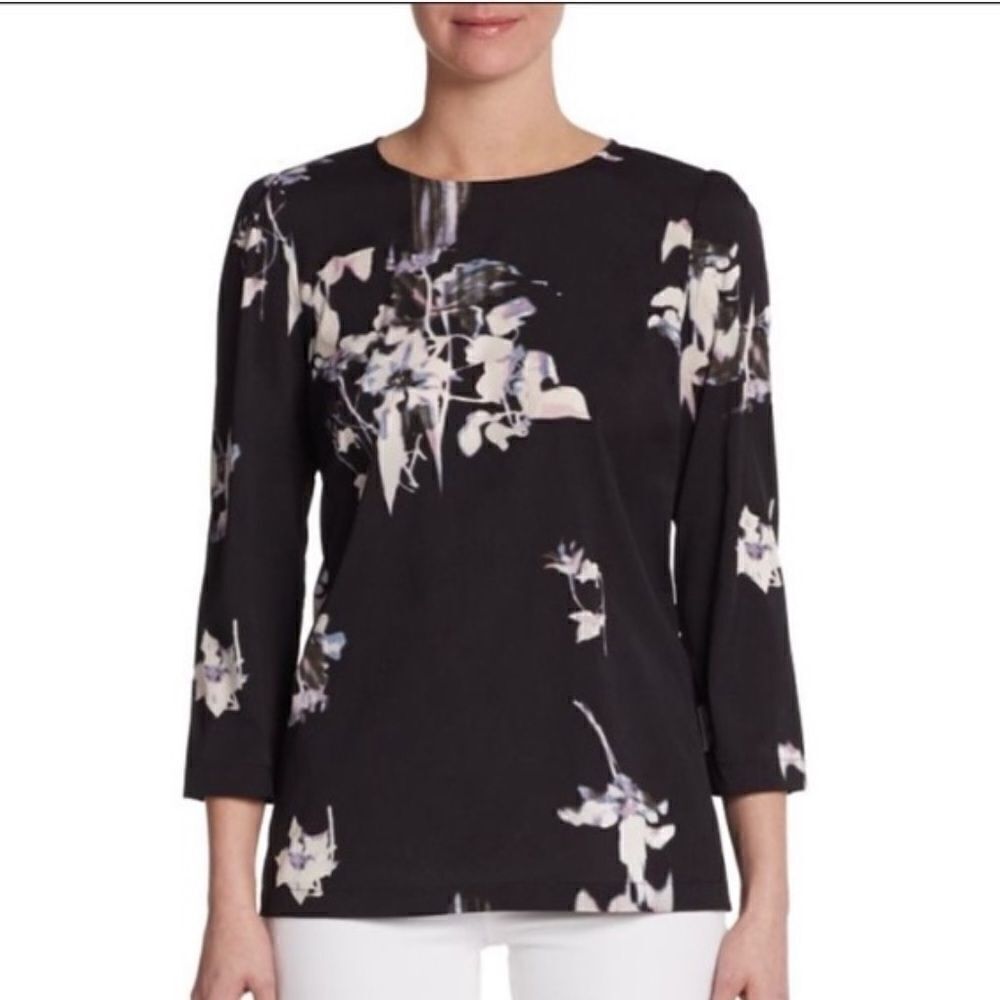 French Connection Black Waterflower 3/4 Sleeve Top Size 8